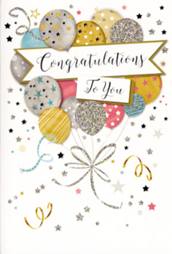 The congratulations card in this image feels like a carefully styled celebration, much like a thoughtfully arranged bouquet ready for delivery to a Mayfair office or townhouse. At its centre, a group of illustrated balloons appears to rise effortlessly, overlapping in a loose, natural cluster. Each balloon is a gently rounded oval shaded in softly luminous hues-antique gold, pale champagne, silvery grey, powder blue, and warm blush pink-tones that hint at metallic shine without overwhelming the eye. Fine decorative patterns wrap over their surfaces: delicate stars scattered like tiny constellations, slender vertical stripes, and dustings of subtle glitter, giving each balloon its own personality while maintaining a harmonious palette.   

From the lower edge of the balloon group, slim strings descend in elegant curves, depicted in shimmering gold and silver lines that twist and cross as if caught in a light breeze drifting down Piccadilly. These tethers converge loosely, visually tying the composition together and echoing the graceful movement of satin ribbon on a hand-tied bouquet. Around the balloons, the illustrator has sprinkled miniature stars and curling confetti trails across a soft, neutral background. The effect is of a frozen moment during a surprise celebration-like confetti still suspended in the air just after the guest of honour walks into a Mayfair restaurant to applause.   

Stretching across the middle of the card, a classic banner carries the message Congratulations To You in fluid, ornamental script. The lettering, likely embossed with metallic ink, suggests a gentle texture under the fingertips, giving the card a tactile richness that pairs beautifully with fresh flowers. The overall mood is one of polished joy and heartfelt pride, ideal for honouring promotions, exam successes, or personal triumphs with a touch of Mayfair elegance.