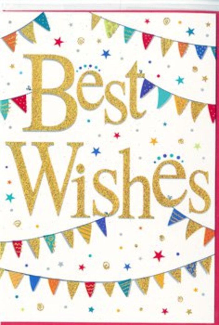 The congratulations card has the lively spirit of a small street celebration, yet it's rendered with the sort of understated elegance you associate with Mayfair. Dominating the clean white surface, the words Best Wishes flow in a generous sweep of metallic gold script, each letter slightly raised and subtly glittered so it glimmers as you tilt it, like evening light catching on the gilded details of nearby galleries. The gold lettering sits at the very heart of the design, confident but warm, inviting you to imagine the reassuring weight of the card in your hand. Arcing gracefully above and below this central message, strings of bunting stretch like festive ribbons, each tiny triangular flag painted in vibrant, jewel-bright colours-ruby red, sapphire blue, emerald green, amethyst purple, and sunshine yellow. Some bunting pieces wear playful patterns of polka dots, stripes, or small mosaic shapes, echoing the variety and character of side streets off Piccadilly. Between these curved lines of bunting, little bursts of stars and speckled confetti dots tumble loosely across the page, as if frozen in mid-air after being thrown in delight at a promotion celebration or graduation gathering. The spacing is thoughtful: generous white margins keep the scene airy and elegant, preventing the cheerful colours from ever feeling too loud. The result is a card that feels ideal for marking milestones-a new job nearby, a big move, the start of a new venture-something you might see paired with a hand-tied bouquet arriving from a trusted Mayfair florist. Everything about the artwork-the shimmer of gold, the rhythmic sweep of bunting, the scattered stars-speaks of sincere good wishes and the genuine joy of cheering someone on.
