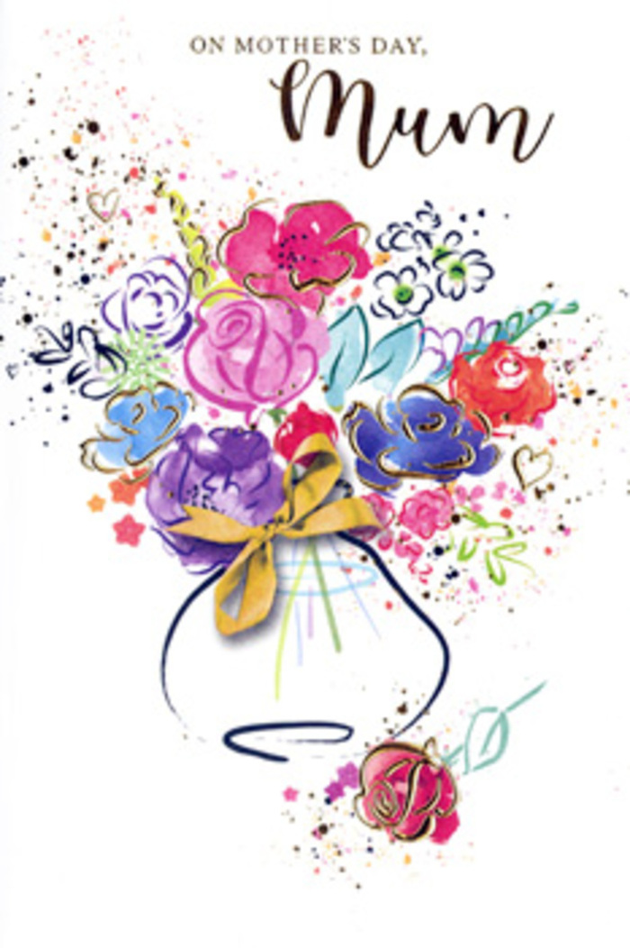 The image on this Mother's Day card reveals a spirited, floral watercolour composition that looks like a florist's daydream translated into paint. At first glance, a lively bouquet of blossoms dominates the scene, each flower formed from generous sweeps of pigment that merge spontaneity with careful intention. Deep indigo outlines suggest the contours of generous petals, curling and overlapping in a loose, natural fashion. Within these outlines, bold cerise, rich pink, and hints of apricot and soft coral create a radiant core, giving the impression of open garden blooms at their peak, much like the seasonal stems seen in Mayfair flower stalls near Shepherd Market. Fine, shimmering gold accents trace the edges of petals and leaves, lightly catching the eye, as though the flowers themselves were dusted with late-afternoon sunlight. Around the bouquet, playful splatters of colour in blue, pink, and violet are mingled with tiny hearts, adding a sense of fun and affection, like joyful whispers around a family table on Mother's Day. All of this activity gently frames a simple, stylised vase painted in cool blue tones. The vase is understated yet charming, with a softly curved silhouette and a neat golden bow at its neck that feels like a lovingly tied ribbon before a special delivery. The negative space of the white background allows the colours to sing, making the bouquet appear light and airy yet emotionally full. This card's design speaks of gratitude, tenderness, and the small rituals of appreciation that families in Mayfair cherish when celebrating the remarkable women who anchor their lives.