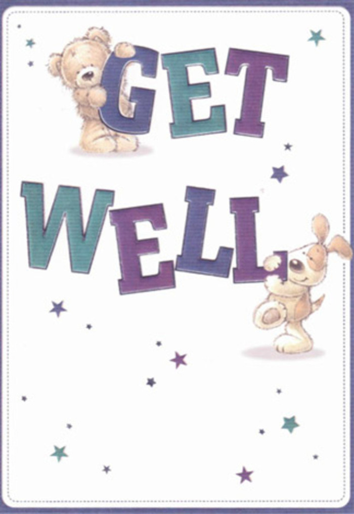 This get well card, as seen from a Mayfair florist's perspective, celebrates gentle encouragement through inviting, friendly artistry. Two adorable figures-a plush teddy bear and a floppy-eared pup-rest amidst twinkling, playful stars scattered across a pristine backdrop, their presence as comforting as the thoughtful bouquets often crafted for Bond Street residents. The words 'Get Well' are displayed in large, confident letters, shaded with sweeping strokes of purple and aqua, grounding the design in cheerful optimism. There's a subtle, nearly tactile richness: the bear's soft fur and the puppy's velvety ear are drawn with care, evoking feelings of safety and warmth just like the touch of fresh petals arranged in Mayfair Flowers' signature style. The mood is airily light, full of sincerity and hope, perfect for lifting the spirits of a loved one whether they're resting at home on Park Lane or recuperating nearby. Imagined together with a bouquet, the card forms a radiant expression of compassion and care, capturing the essence of well-wishing artistry passed from neighbour to neighbour within this vibrant London community.
