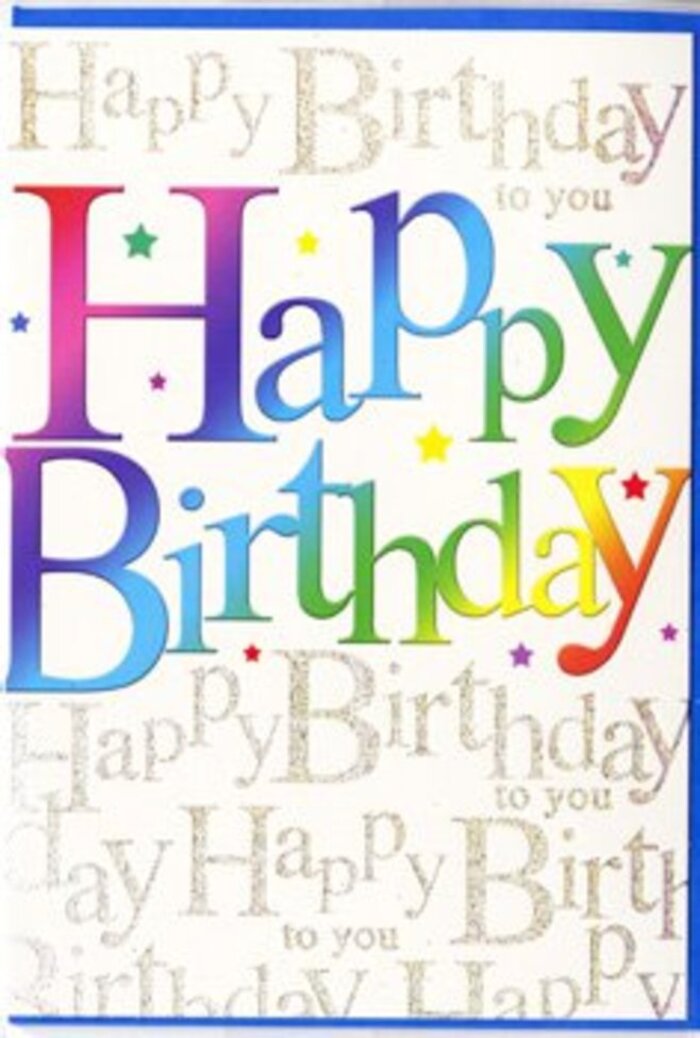 This birthday card presents itself like a joyful artwork, where the main Happy Birthday message strides confidently across the front in large letters, each one awash in a rich, shifting gradient of colour. Starting at one edge, the tones move from juicy berry reds and warm magentas into bright citrus oranges, soft golds, and sunshine yellows, before drifting into fresh meadow greens, sky blues, and velvety purples, resembling the colourful mix of party decorations and seasonal flowers seen near the boutiques of New Bond Street in Mayfair. The letters are thick and slightly rounded, giving them a welcoming, almost three-dimensional look, as though they are gently lifting away from the card. Their finish suggests a smooth, semi-gloss texture that would catch light softly without harsh glare. Behind this bold greeting, the background is woven with delicate lines of cursive text repeating Happy Birthday to you in a muted yet luminous gold. The script winds and overlaps gracefully, some words clearer than others, creating the impression of layered birthday wishes floating in the air like the soft hum of conversation at a Mayfair café. The metallic sheen of the lettering adds a whisper of luxury, reminiscent of the subtle sparkle of evening lights reflecting on nearby shopfronts. Small, scattered touches-tiny dots and specks of colour-nestle among the gold script, echoing confetti or the last glimmers of a sparkler. The overall design strikes a balance between exuberant and elegant, making it an ideal companion to a thoughtfully arranged bouquet, the kind you might have delivered to a friend or family member celebrating their birthday in or around the heart of Mayfair.