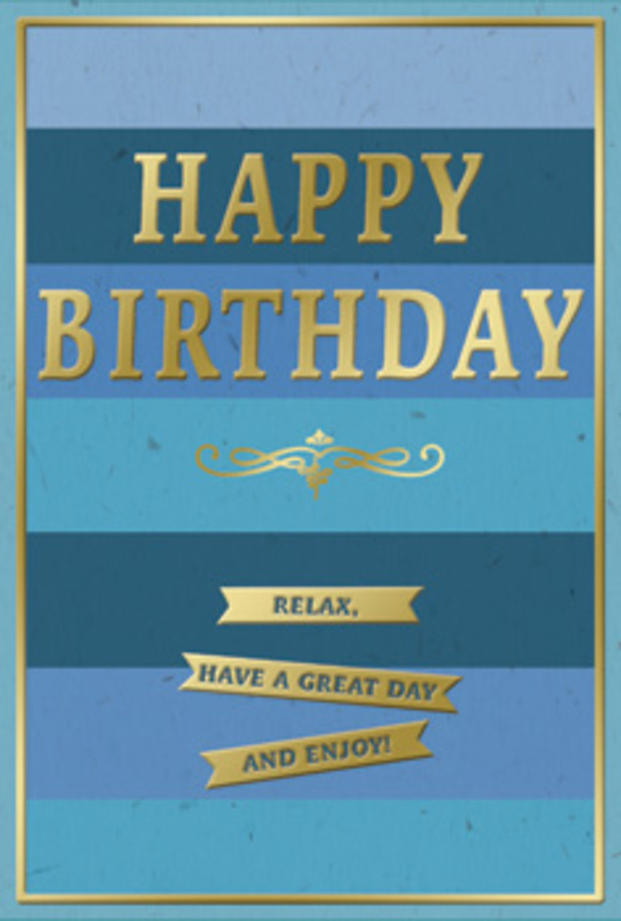 The photograph captures a sophisticated birthday card, propped so that every detail of its blue and gold design is clearly visible, much like a carefully curated display in a Mayfair boutique. The card's surface is divided into wide horizontal stripes of blue that gently shift in tone as they move down the front-deep midnight and navy at one edge melting into denim, teal, and softer ocean hues. This layered palette creates a sense of depth and calm, evoking the soothing feel of evening light settling over nearby Green Park. In the center of this calm blue backdrop, the greeting HAPPY BIRTHDAY stands out in large, capital letters of embossed gold foil. The metallic finish gleams without harshness, reflecting light in a warm, soft way, as if the card were positioned near a window of a Mayfair apartment where daylight filters through sheer curtains. Each letter appears slightly raised, giving the impression of fine craftsmanship and inviting touch. Just underneath, a graceful golden flourish runs horizontally, offering a gentle, decorative pause between the headline message and the words below. Three narrow golden banners are arranged in a tidy stack further down the card, each ribbon bearing part of a relaxed, friendly sentiment: Relax, have a great day and enjoy! The banners mirror the reflective quality of the main lettering, their edges clean and crisp. A delicate gold border encases the entire design, holding the soft blues and bright metallic elements together like a polished frame. The card feels calm yet celebratory-an ideal companion to a chic birthday arrangement from Mayfair Flowers, ready to be placed beside a vase of seasonal blooms on a marble countertop or console table, creating a small, serene moment of joy.