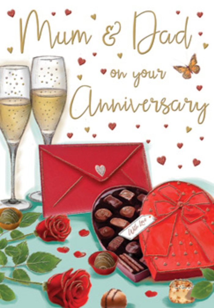 The artwork on this anniversary card creates a rich, romantic tableau that could easily belong on a beautifully set table in a Mayfair apartment overlooking one of the area's quiet squares. Dominating the upper part of the scene are two tall champagne flutes, drawn with slender stems and gently curved bowls, filled almost to the brim with pale, golden fizz. The light glints off the glass, highlighting delicate trails of bubbles that seem to dance upwards, capturing that precise instant just before glasses meet for a celebratory clink. Below, a heart-shaped box of chocolates anchors the composition. The box is a deep, romantic red, bound with a broad satin ribbon tied into an opulent bow whose loops and tails spill over the edge, suggesting a touch of indulgence. The box sits open to reveal neatly arranged chocolates, each one shaded with soft highlights that make them appear smooth and glossy, promising rich, sweet flavours. To one side, two red roses are positioned with care, like a florist's finishing touch. Their petals are lavish and velvety, spiralling outwards in generous layers of crimson, framed by crisp green leaves that add contrast and a suggestion of fresh fragrance, as if they've come straight from a local Mayfair florist's morning delivery. A few stray chocolates rest nearby, casually placed as though part of an unhurried evening ritual. A scarlet envelope, sealed and slightly angled, hints at a thoughtful message, perhaps written earlier that day while looking out toward Grosvenor Square. Soft gold and crimson hearts float across the background, encircling subtle lettering for Mum & Dad, and giving the whole card a glow of gratitude, shared history, and affectionate celebration.