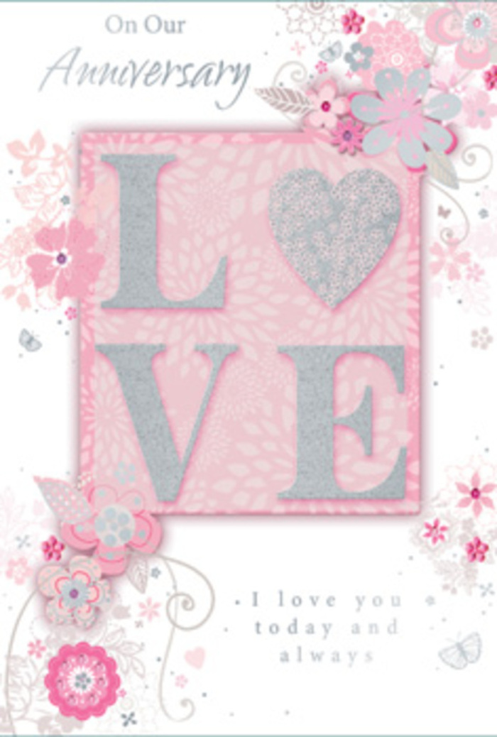 The anniversary card in this image has the hush and warmth of a sunlit Mayfair sitting room, where love is acknowledged in everyday gestures as well as grand celebrations. At its centre, the word LOVE appears as the main motif, each letter raised from the surface in a frosted glitter finish that looks velvety rather than harshly sparkly. The texture seems wonderfully tactile, ready to catch soft daylight drifting in as if through high windows overlooking Green Park. Around this focal point, dreamy, hand-drawn blooms wander along the borders and into the corners, their shades of blush pink, lilac, and creamy ivory layered with delicate shading. Fine filigree lines weave between the petals, punctuated by dainty leaves and tiny, almost-hidden butterflies that suggest the gentle flutter of hearts. The background holds to a soft pink tone, like the palest rose petals from a romantic bouquet delivered by Mayfair Flowers, and the overall composition has the feeling of a hand-tied arrangement translated into paper and ink. The message, I love you today and always, appears in understated, graceful type below or beside the central motif, inviting a thoughtful pause, much like the quiet moment when someone receives anniversary flowers at home along Curzon Street or near Grosvenor Square. The design feels both intimate and timeless, with its muted colour palette, subtle shimmer, and delicately sketched florals evoking that sense of cherished continuity and tenderness that makes each anniversary so meaningful.