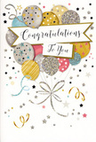 This image shows a refined congratulations card that feels as celebratory and polished as a Mayfair reception after a big achievement. At the centre of the design is a generous bouquet of illustrated balloons, grouped closely together so they seem to float upwards in unison. Their rounded shapes overlap gracefully, painted in soft, harmonious tones of gold, champagne, silver, sky blue, blush pink, and cloud-like grey. Each balloon carries its own decorative detail-some embellished with tiny metallic stars, others with fine vertical stripes or scattered specks of glitter-creating a sense of movement and sparkle reminiscent of evening lights along Bond Street.   

Delicate strings fall from the balloons in looping curves, drawn in gleaming gold and silver ink that mimics the flowing motion of curling ribbon on a luxury gift. These lines gather loosely at the base, giving the impression that the balloons are lightly tethered rather than firmly tied down. Around them, a constellation of metallic stars and playful ribbon swirls is scattered across a pale background, suggesting confetti drifting slowly to the ground at the end of a toast.   

Running horizontally through the middle, a soft, unfurling banner bears the words Congratulations To You in elegant, calligraphic script. The lettering has a slightly raised, foil-like quality, as though it would feel smooth and cool beneath your fingertips. The overall effect is both joyful and tasteful-an atmosphere of pride, appreciation, and delight without loud colours or harsh lines. As a florist familiar with marking milestones across Mayfair, from new roles in nearby galleries to exam successes celebrated over dinner, this card feels perfectly suited to accompany a bouquet when you want to say, with quiet sophistication, how proud you truly are.