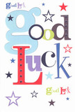 This good luck card is shown in close-up against a clean, white background, its whole design radiating the same upbeat optimism you feel sending flowers to a friend in Mayfair. The phrase Good Luck is scattered playfully across the card in large, confident letters, each character a different colour and font: soft baby-blue curves, deep mossy greens, rich wine purples, bold cherry reds, and inky midnight blacks. The typography feels as if it has been hand-chosen by a designer with a keen eye, much like a florist pairing stems in the studio off Bond Street. Between and around the letters, stars of many sizes flicker across the crisp white card: tiny specks of navy and indigo, larger bursts of sky-blue, lilac, and pale lavender, and the occasional brighter lime-toned accent, like a spark of excitement in the night. The surface of the card looks smooth and thick, the sort of quality cardstock that makes a gentle rustle when you open it, inviting you to run your thumb over the printed letters as you might test the petals of a fresh bloom. The overall mood is one of joyful anticipation, perfect for a new job near Berkeley Square, an important exam, or a move to a new flat around Grosvenor Square. It feels like something you would tuck into a bouquet delivered across Mayfair, a small, tangible reminder that someone truly believes in your next chapter and that luck, like the stars scattered across the design, is sparkling just within reach.