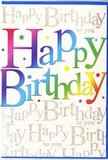 This striking birthday card feels instantly uplifting, with the phrase Happy Birthday boldly displayed across the centre in large, playful letters that glow in a seamless spectrum of colour. Each letter is drenched in its own luminous hue, shifting from deep ruby reds and vivid pinks into molten orange, sunflower yellow, lively green, cool turquoise, and regal violet, like a row of party lanterns strung above a stylish gathering near Green Park in Mayfair. The typography is modern yet soft-edged, conveying warmth and approachability, and the surface appears smooth and lightly glossy, inviting the fingertips to trace each curve. Behind this main message, a gentle backdrop of repeated handwritten script quietly echoes Happy Birthday to you in looping strokes of pale gold, the metallic ink catching and reflecting light the way late-afternoon sun glints off polished stone along nearby Mayfair streets. Some of these golden phrases appear sharper, others fade slightly into the background, giving the sense of multiple voices chiming the same heartfelt wish. Light speckles and pinpoints of colour are sprinkled sparingly through the background, suggesting confetti gently settling after a joyful toast. The overall composition is carefully balanced: the bright rainbow letters bring energy and celebration, while the soft golden script adds sophistication and tenderness. It is easy to imagine this card propped beside a vase of fresh birthday flowers, perhaps delivered from a trusted Mayfair florist, offering not just a greeting but a vivid, enduring memory of being celebrated in one of London's most elegant neighbourhoods.