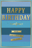 Shown here is a beautifully designed birthday card whose calm, blue tones and golden accents suggest a quiet yet heartfelt celebration, the sort of piece you might choose after strolling through Mayfair's elegant streets. The front of the card is composed of wide, horizontal stripes in layered blues-from deep navy and denim through teal and sea-blue to a soft, airy shade-blending together like gentle waves of colour. Dominating the center is the message HAPPY BIRTHDAY, embossed in generous gold foil capitals. The letters catch the light with a warm sheen, standing slightly proud of the surface so you can almost feel each stroke beneath your fingertips. Just below this central greeting, a fine golden flourish arcs across the card, adding a touch of classic charm and guiding the gaze downward. Three slim gold banners sit neatly arranged at the lower portion of the design, each ribbon holding part of the reassuring phrase: Relax, have a great day and enjoy! The banners echo the same metallic glow as the main text, their reflective surfaces shifting subtly as if the card were turning in soft lamplight. A thin gold line frames the entire composition, setting off the blue stripes and giving the piece a finished, gallery-like quality. The mood is one of peaceful celebration-elegant, composed, and warmly sincere-ideal to sit alongside a vase of fresh birthday flowers on a Mayfair mantelpiece or dining table, offering the recipient not only good wishes but also an invitation to unwind and truly savour their special day.