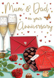 This illustrated anniversary card feels like a tender snapshot of an evening set aside just for love, with details that echo the quiet elegance of Mayfair. At the focal point are two slender champagne flutes, standing closely together as if in conversation. They are filled with pale, sparkling champagne, the golden liquid catching the light and sending tiny reflections along the glass stems. Fine bubbles rise in delicate threads, frozen in mid-motion as though the moment of the toast is being gently savoured. Just beneath them, a heart-shaped chocolate box in a deep, romantic red immediately draws the eye. The box is adorned with a dramatic satin bow, tied generously so that its rich red loops and tails spill over one side, softening the shape and suggesting both thoughtfulness and indulgence. The lid is propped open to display an orderly selection of glossy truffles in soft browns and dark cocoa tones, with a few chocolates scattered beside the box like little treasures ready to be shared. To one side, two red roses lie gracefully on the table, their velvety petals rendered in lush layers of crimson that almost seem touchable. Fresh green leaves fan out around them, adding a sense of life and the faint memory of a rose's scent, reminiscent of bouquets chosen from a boutique florist just off New Bond Street. A scarlet envelope, sealed and slightly tilted, implies a handwritten note full of affection, perhaps addressed to Mum & Dad in looping script. Around the entire scene, golden and crimson hearts float softly, giving the card a warm, glowing aura that speaks of enduring love, family closeness, and anniversaries cherished year after year.